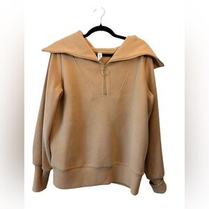 Varley Women's Tan Ribbed Quarter-Zip Cowl Pullover Oversized